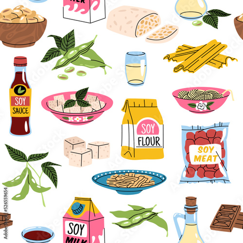 Soy products seamless pattern. Repeated soybean food, cartoon vegan tofu, noodles, sauce and milk, green proteins. Decor textile, wrapping, packaging design. Tidy vector background