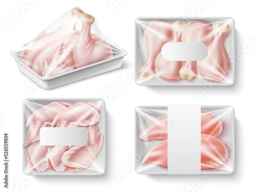 Tray packing chicken meat. Realistic raw turkey in plastic substrates with transparent polyethylene, products storage and packaging, whole poultry and parts, 3d elements utter vector set