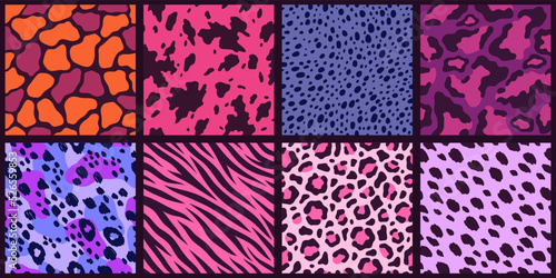 Very peri patterns. Modern colors animal fur and leather seamless prints, natural mammals textures, pink and purple scheme, zebra jaguar and tiger, giraffe and cow wrapping tidy vector set