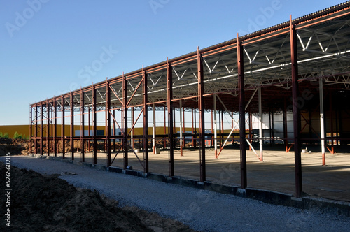 New construction warehouse warehouse logistics. Installation of metal structures.