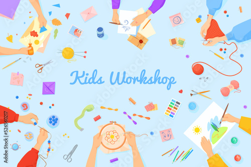 Kids diy workshop. Child handmade, teaching handcraft hobby embroidery handicraft, children hands making art from wrapping paper table creative studio, cartoon vector illustration