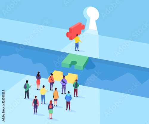 Ownership business bridge. Competition leadership concept, gap puzzle team bridging, financing advantage equality leading businessman support, finance barrier vector illustration