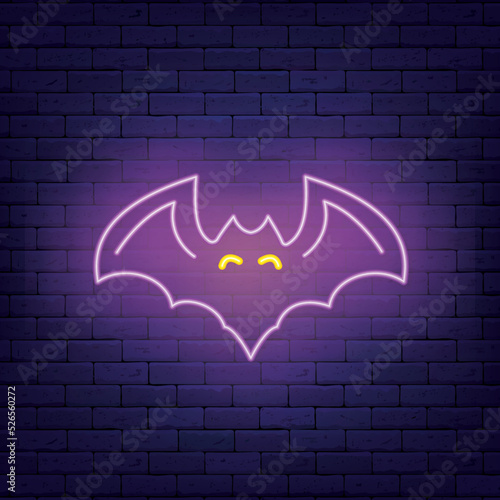 Purple bat neon icon on brick wall. vampire, nocturnal animal. Happy halloween design. Vector stock illustration