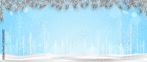 Christmas silver garland with snow falling.xmas border of fir branches, snow on floor, white pine tree forest on blue sky background.Vector decoration design for New Year,Merry Christmas greeting card