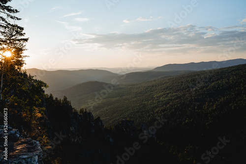 the landscape of the hilly mountains at sunset, the perspective of the horizon extending into the distance, the sun shining through the trees, the golden hour in photography. © Aleksey