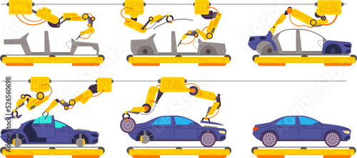Car factory assembly. Automotive plant cars manufacture line, industrial conveyor machinery process automatic assemble automobile auto motor production splendid vector illustration