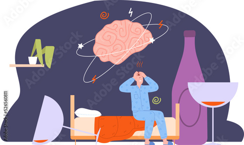 Alcoholic hangover. Drunk man in pajama sick after abuse alcohol, damage health brain bad habit drinking wine bottle sad addict drinker strong toxic alcoholism, vector illustration