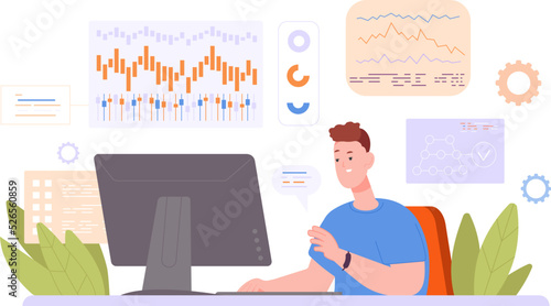 Business analyst at laptop. Professional finance advisor or marketer work spreadsheet on office computer, data statistic tax graph operational risk ceo report vector illustration