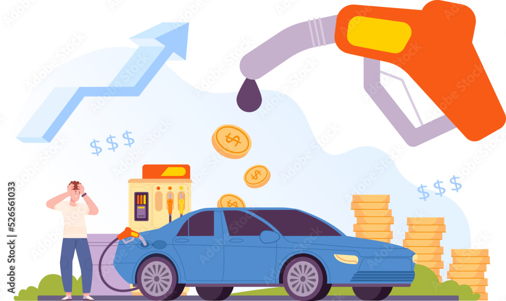 High price fuel. Soaring growth cost petrol automotive oil crude gasoline concept, global increase rise energy prices, shock car driver on economy refuel vector illustration High price fuel. Soaring growth cost petrol automotive oil crude gasoline concept, global increase rise energy prices, shock car driver on economy refuel vector illustration