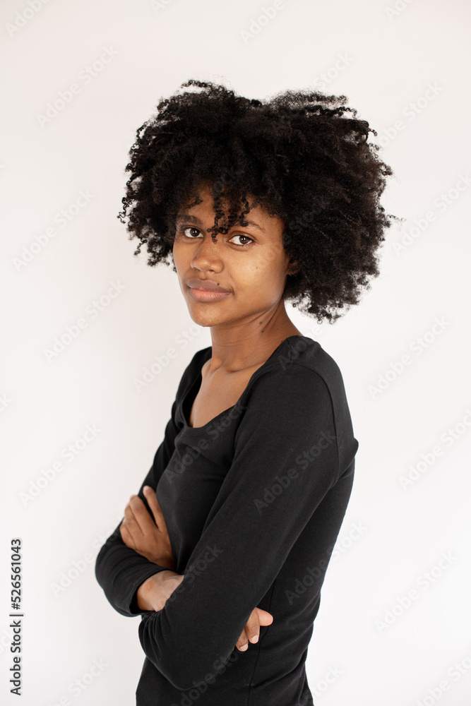 Portrait of smiling African American woman looking at camera. Young ...