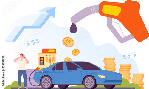 High price fuel. Soaring growth cost petrol automotive oil crude gasoline concept, global increase rise energy prices, shock car driver on economy refuel vector illustration