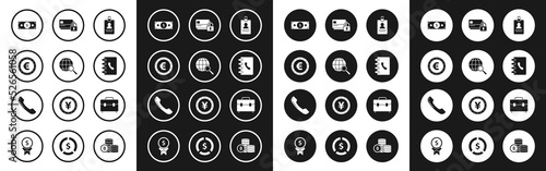 Set Identification badge, Magnifying glass with globe, Coin money euro symbol, Stacks paper cash, Address book, Credit card lock, Briefcase and Telephone handset icon. Vector
