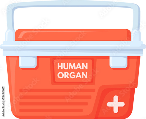 Organ transplantation box. Transport cooler bag for donation organs, medical red cold storage of donor transplant, portable fridge shipping human heart or blood vector illustration