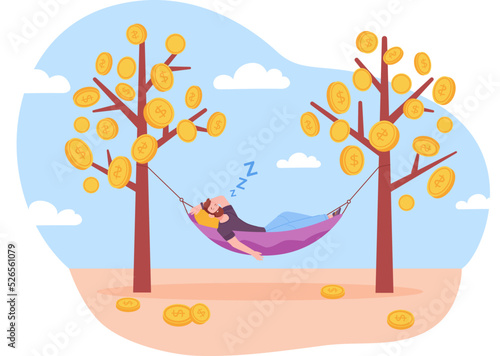 Relaxing on money tree. Independent employee or business man relax in hammock, freelancer resting and earn dollar cash internet investment, financial freedom vector illustration
