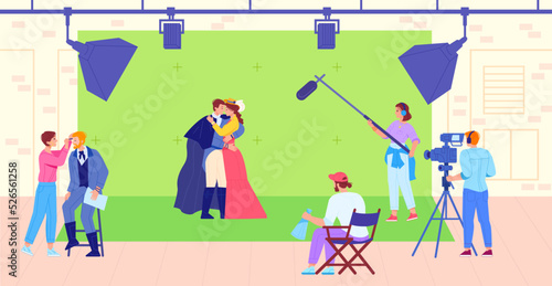 Historical movie. Filmmaking medieval film adaptation, actor role in history romantic scene love drama, hollywood cinema production studio video concept, swanky vector illustration