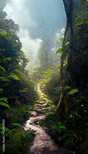 Fotografie, Obraz realistic view to trail over rainforest with small mead Digital Art Illustration