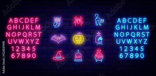 Happy Halloween neon icons collection on brick wall. Pumpkin, spider and cat. Vector stock illustration