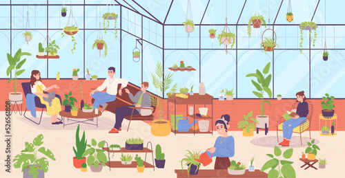 People at home greenhouse. Friends carefree time at hygge home garden, woman relax interior florist cafe sprout plant flowerpot houseplant greenery room, garish vector illustration