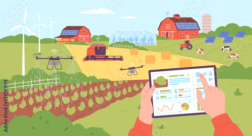 Smart farming management. Digital control agriculture and weather monitoring from internet tablet computer, drone iot technology farming equipments, garish vector illustration