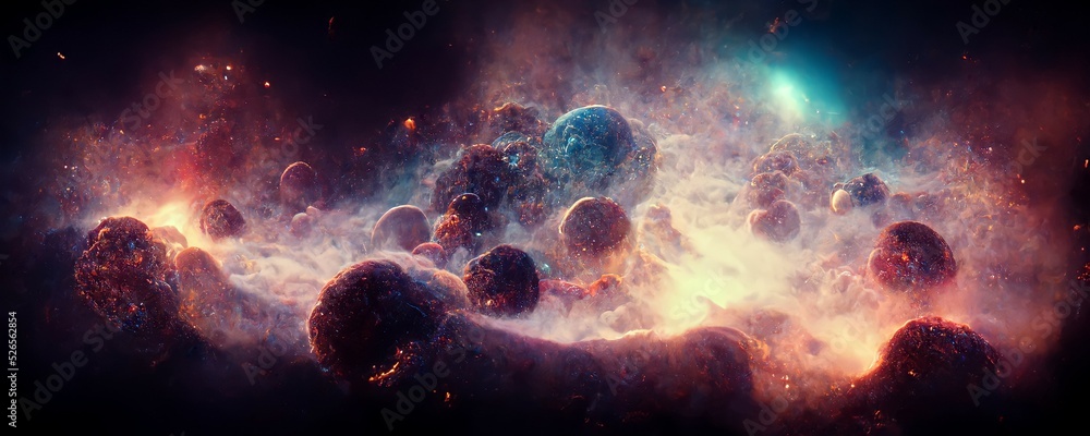 Nebula in outer space, planets and galaxy 