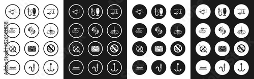 Set Fishing hook under water with fish, net, float, No fishing and icon. Vector
