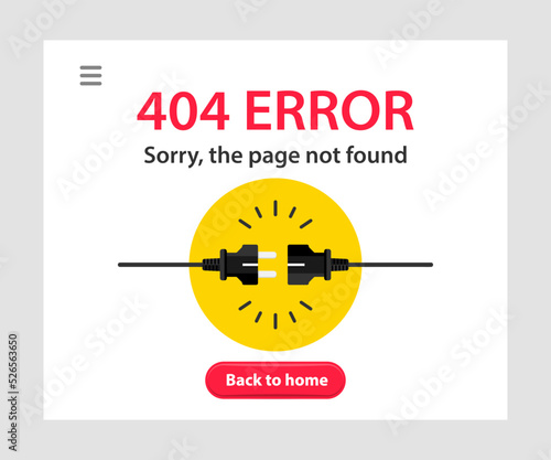 Error 404 page not found. System error. Broken page. The page you requested could not be found. Plug and socket. Web Template for presentation, infographic, website, apps and other uses