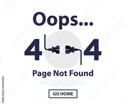 Error 404 page not found. System error. Broken page. The page you requested could not be found. Plug and socket. Web Template for presentation, infographic, website, apps and other uses