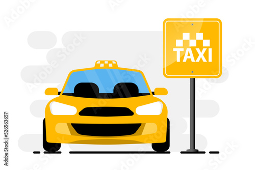 Taxi service. Taxi service application on the screenmobile. Online ordering taxi car. Smartphone screen with route and points location on a city map. Yellow car. Vector illustration