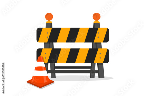 Traffic Road barrier. Road closed, warning barrier. Flat vector illustrations for website under construction page. Warning and stop signs, roadwork, traffic barricade and cone. Safety barricade photo