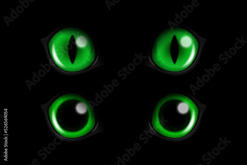 Vector 3d Realistic Green Round Glowing Cats Eyes of a Black Cat Set. Cat Look in the Dark Black Background Closeup. Glowing Cat or Panther Eyes