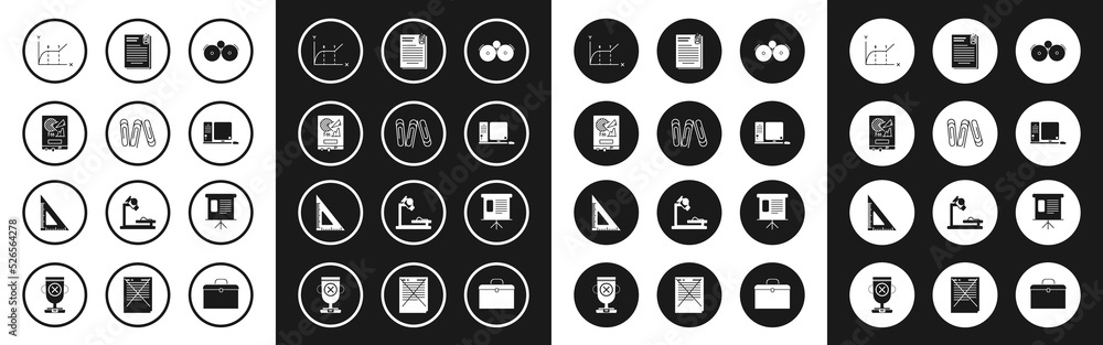 Set Ringing alarm bell, Pie infographic, Computer monitor keyboard and mouse, File document paper, Presentation financial graph, schedule, diagram, pie and Triangular ruler icon. Vector Set Ringing alarm bell, Pie infographic, Computer monitor keyboard and mouse, File document paper, Presentation financial graph, schedule, diagram, pie and Triangular ruler icon. Vector