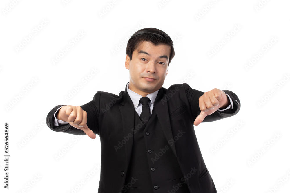 Business man showing thumbs down, bad, no, dislike, fail sign isolated on white background. Business man showing thumbs down, bad, no, dislike, fail sign isolated on white background.
