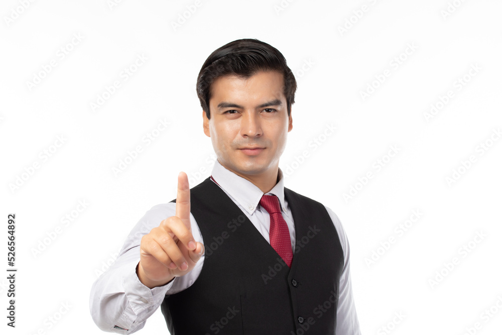 Portrait happy young business man touching in empty screen isolated on white background. Portrait happy young business man touching in empty screen isolated on white background.