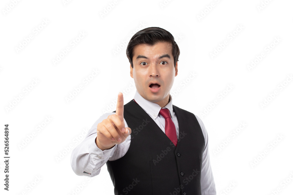 Portrait happy young business man touching in empty screen isolated on white background. Portrait happy young business man touching in empty screen isolated on white background.