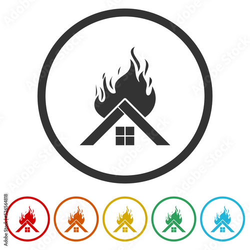 Burning house icon. Set icons in color circle buttons