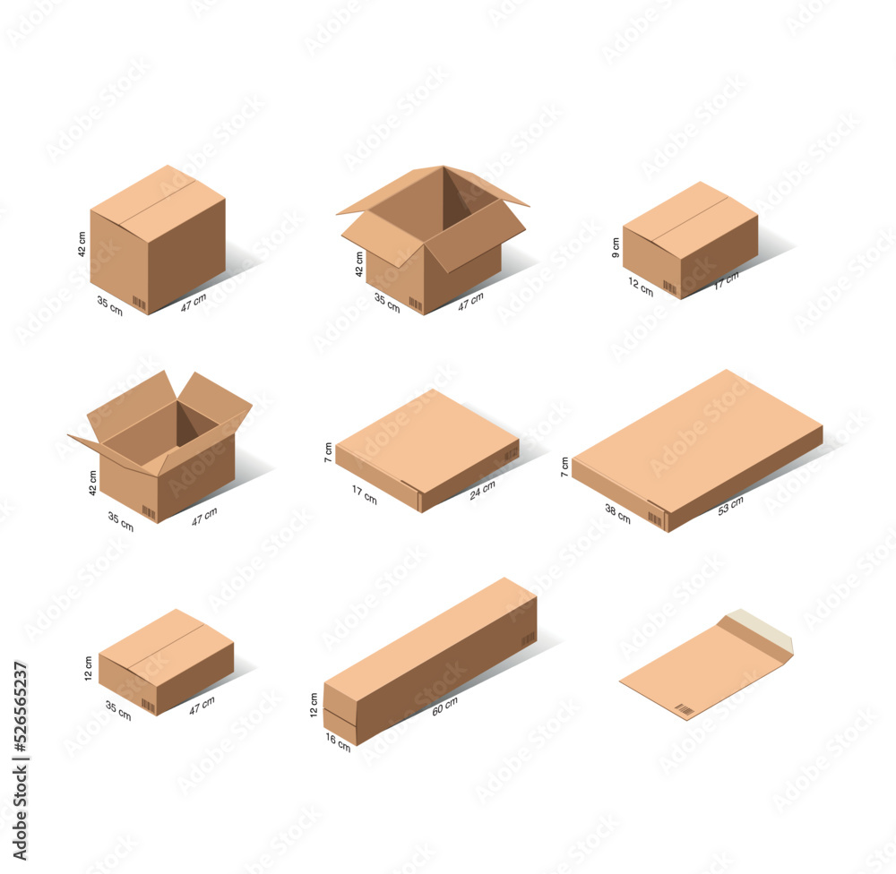 Open and closed cardboard boxes for delivery of different sizes with the indication of the size in centimeters, a set of layouts of cardboard boxes in isomeria