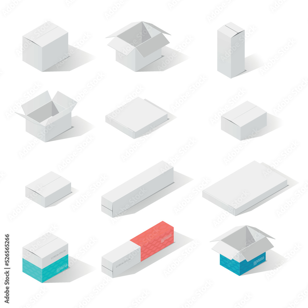 Open and closed white boxes for mocup set of layouts of white cardboard boxes in isomeria with example of use Open and closed white boxes for mocup set of layouts of white cardboard boxes in isomeria with example of use