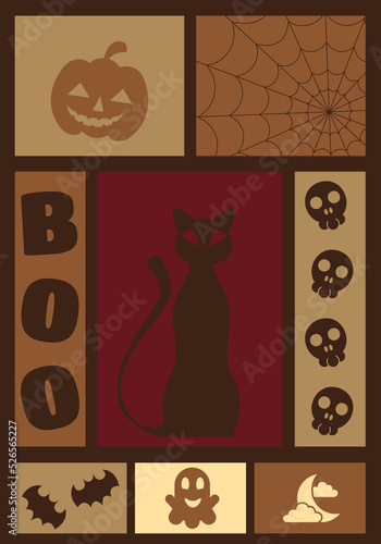 Happy Halloween ponteur background or invitations with the main symbols of the holiday cat, pumpkin, bats, skulls