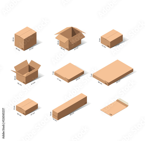Open and closed cardboard boxes for delivery of different sizes with the indication of the size in centimeters, a set of layouts of cardboard boxes in isomeria