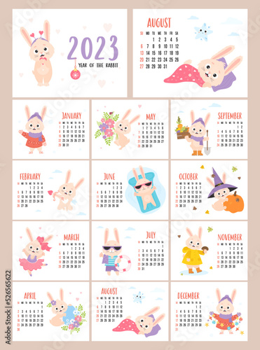 Printable Calendar rabbit 2023. planner organizer. Vector covers and 12 month  horizontal pages. Week from Sunday in English. hare character mascot symbol year. Cute Easter Bunny  Halloween.