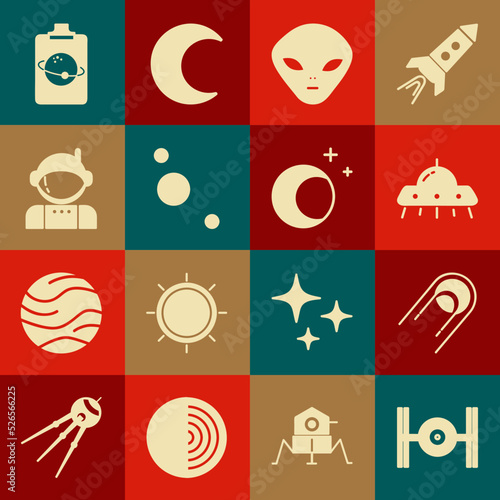 Set Cosmic ship, Satellite, UFO flying spaceship, Alien, Solar system, Astronaut, Planet and Moon and stars icon. Vector