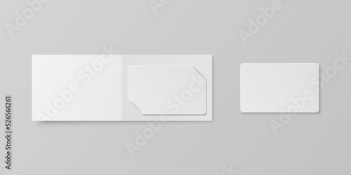 Vector 3d Realistic White Guest Room, Plastic Hotel Apartment Keycard, ID Card, Sale, Credit Card. Design Template with Paper Cover Case, Wallet for Mockup, Branding. Top View