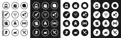 Set Planet, Black hole, Rocket ship with fire, Astronaut, Astronomical observatory, Cosmic and Dog in astronaut helmet icon. Vector
