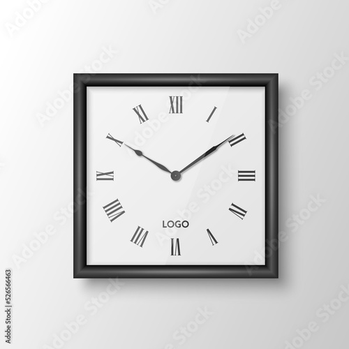 Vector 3d Realistic Square Wall Office Clock with Black Frame, Design Template Isolated on White. Dial with Roman Numerals. Mock-up of Wall Clock for Branding and Advertise Isolated. Clock Face Design