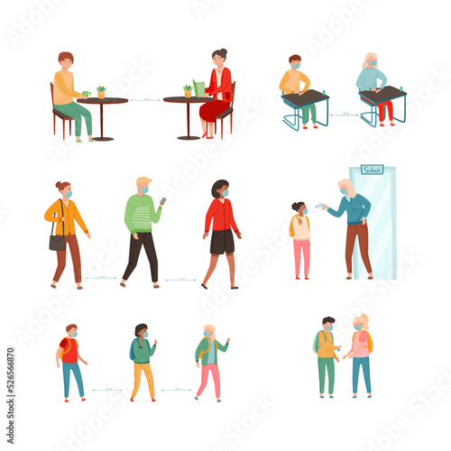 People Character in Medical Face Mask Measuring Temperature and Social Distancing Vector Set