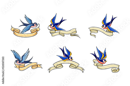 Old School Swallow with Banner or Ribbon Vector Set