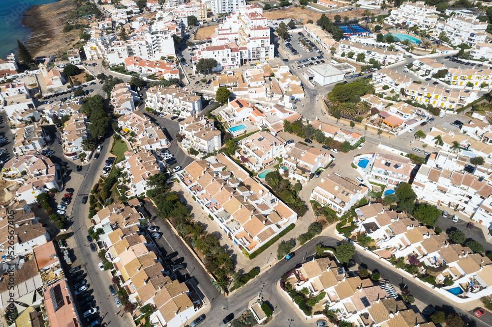 Drone Aerial Above Houses With Pools Praia Da Luz Lagos Portugal Algarve