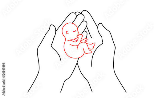 Hands holding a newborn baby outline style vector illustration