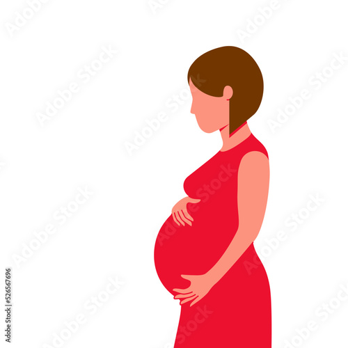 Happy pregnant cute girl in the red dress flat vector illustration