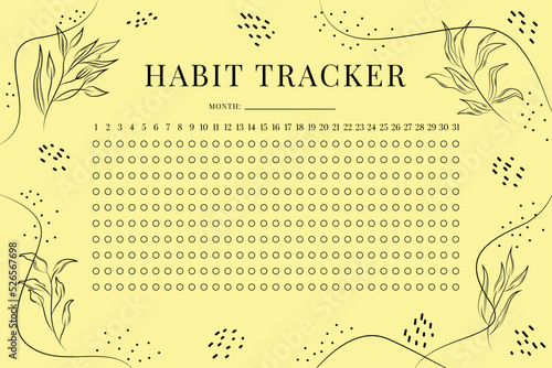 Habit tracker. Monthly planner. Monthly planner habit tracker blank template. Vector illustration. Minimal style. Clean style. Daily to do.